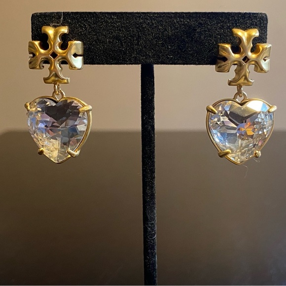 Tory Burch Kira Crystal faceted heart drops hanging from TB logo studs - Picture 7 of 10